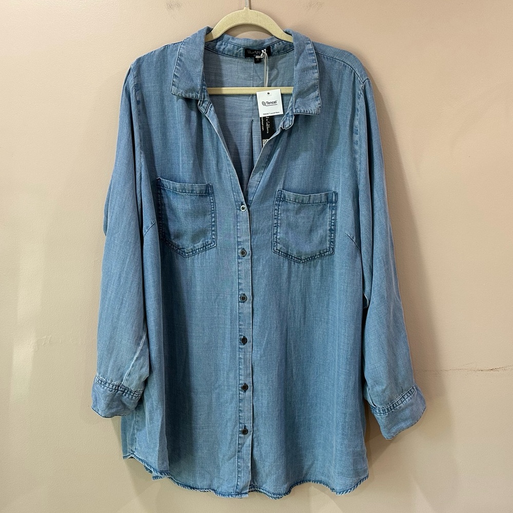 Velvet Heart Women Plus 2X Shirt Tunic Top Tencel Chambray Blue Coastal beach